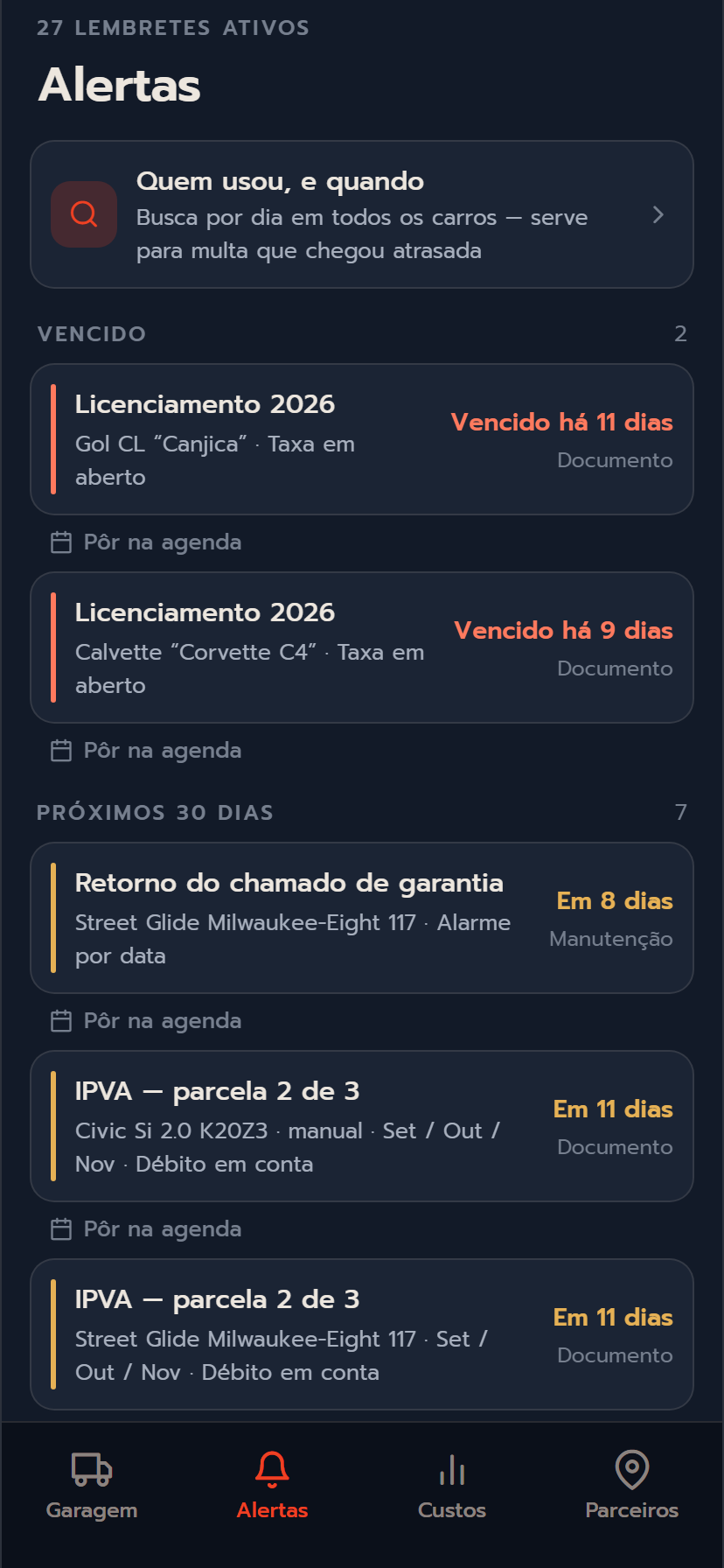 Tela de alertas: dois licenciamentos vencidos e sete vencimentos nos próximos trinta dias.